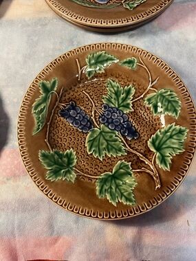 Set of 8 Embossed Fruit Motif Ceramic Plates - Brown with Green, Blue